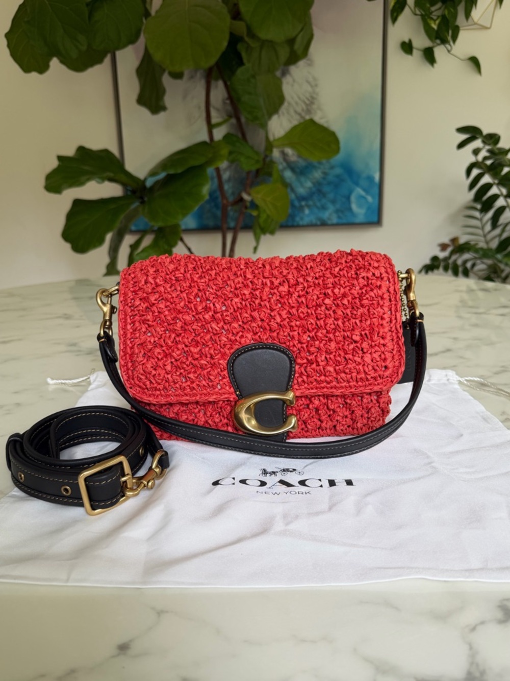 Coach Straw Soft Tabby Shoulder Crossbody Bag Red Orange Black Brass Woven CA032